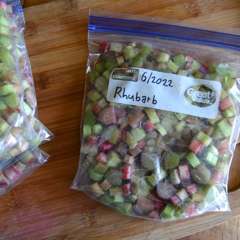 a close up of a freezer bag filled with rhubarb, the month and year is written on the bag