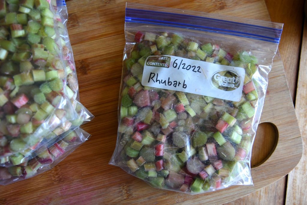 a close up of a freezer bag that is dated with month and year and filled with rhubarb. 