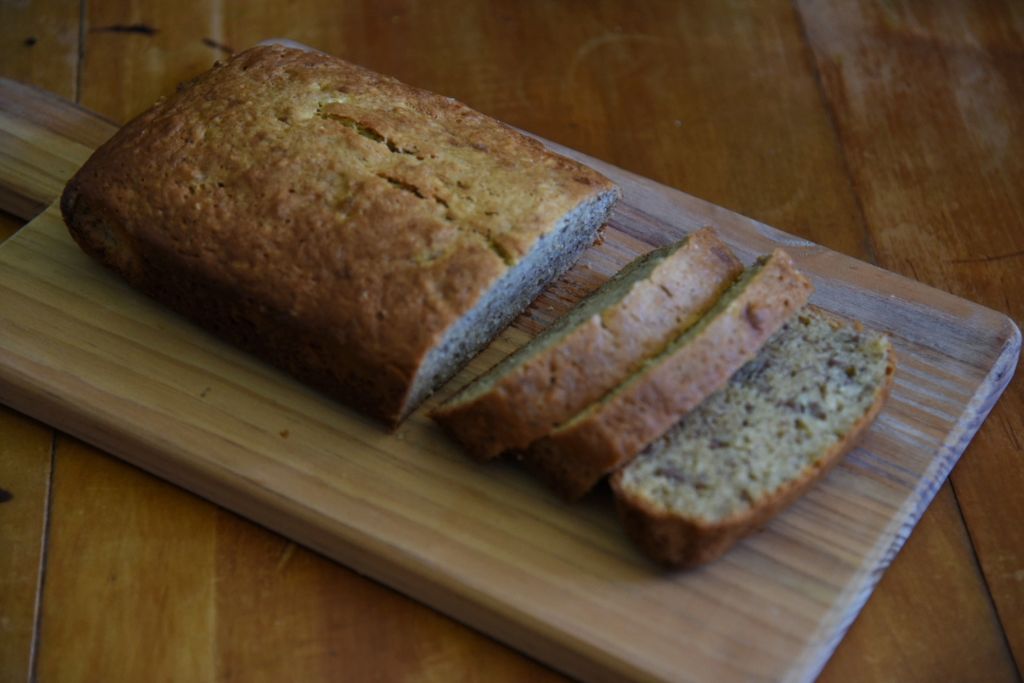 sliced banana bread on a cutting board