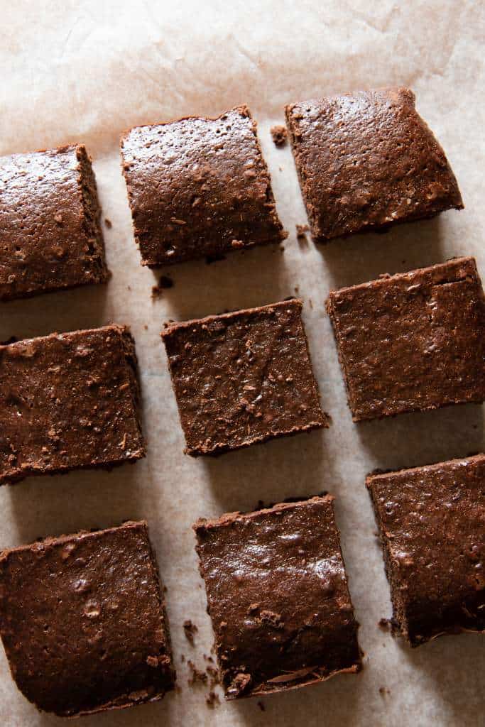 an overhead shot of cut sourdough discard brownies 