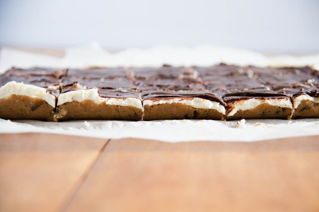 sliced cheesecake bars from the side 