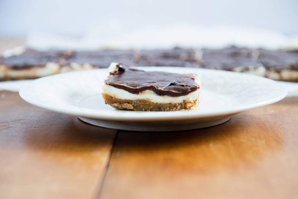 a no-bake cheesecake bar on a plate 