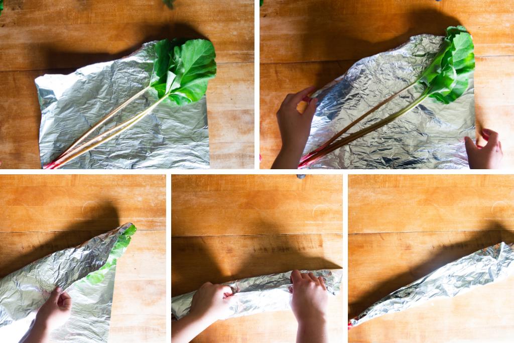 5 pictures showing someone wrapping harvested rhubarb in foil