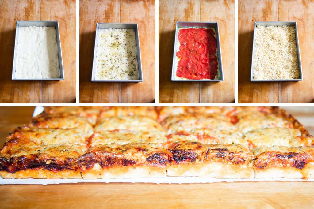 5 pictures showing how to make a deep dish pizza then the finished pizza from the side 