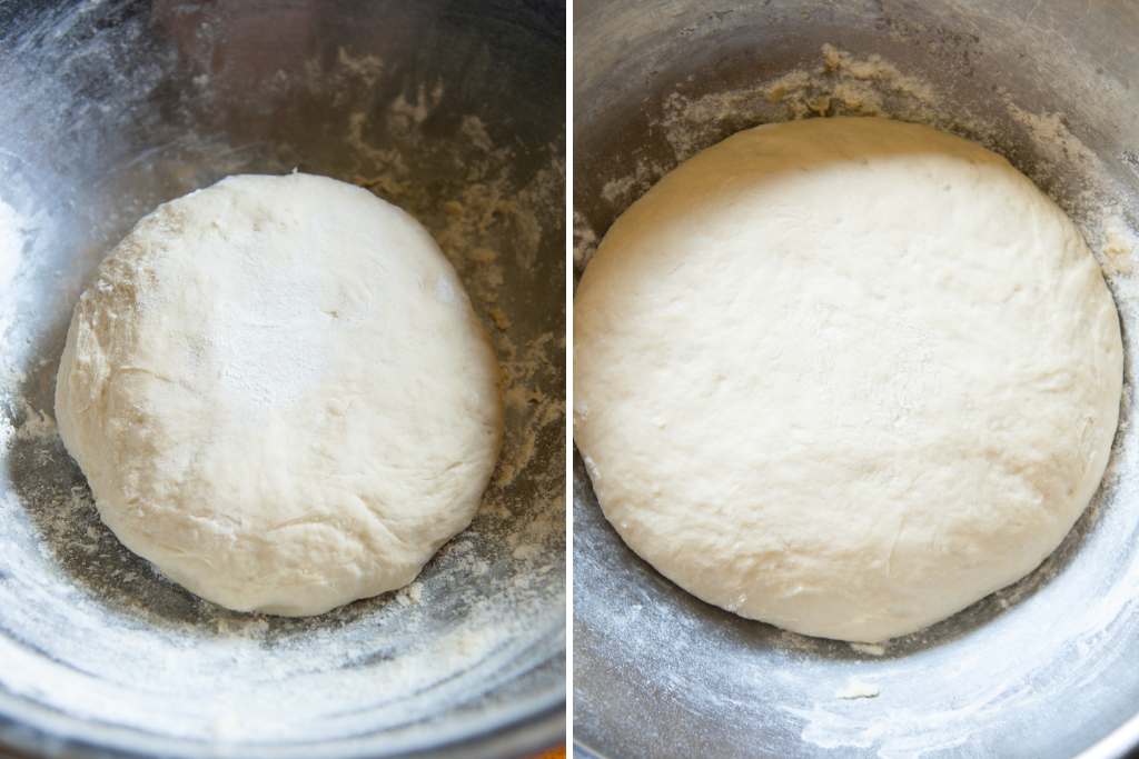a split image of a pizza crust dough before and after rising 