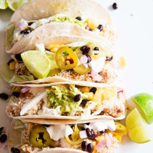 coconut crusted fish tacos with mango salsa featured image