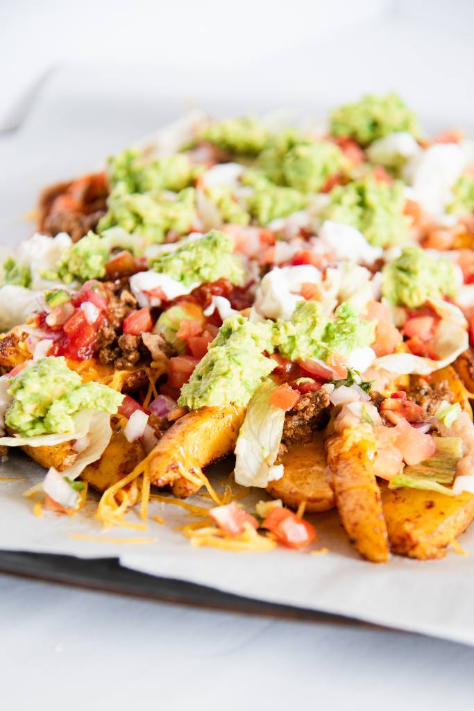 a pan of finished nacho fries