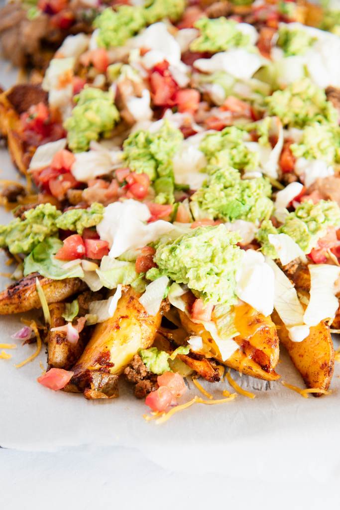 a pan of loaded nacho fries