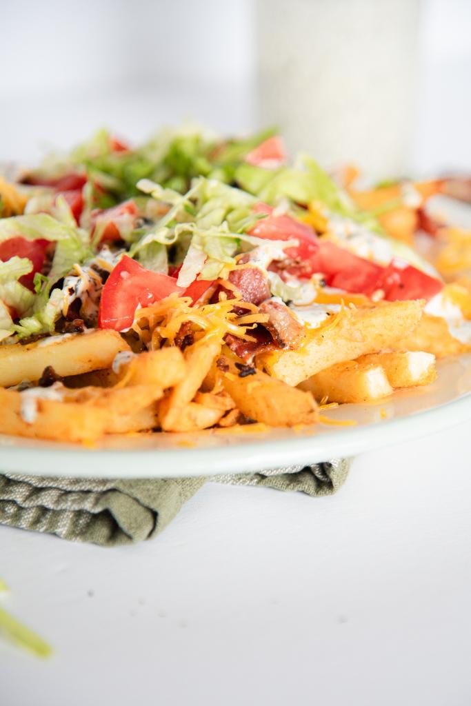 a side view if a plate of cheddar bacon ranch fries 