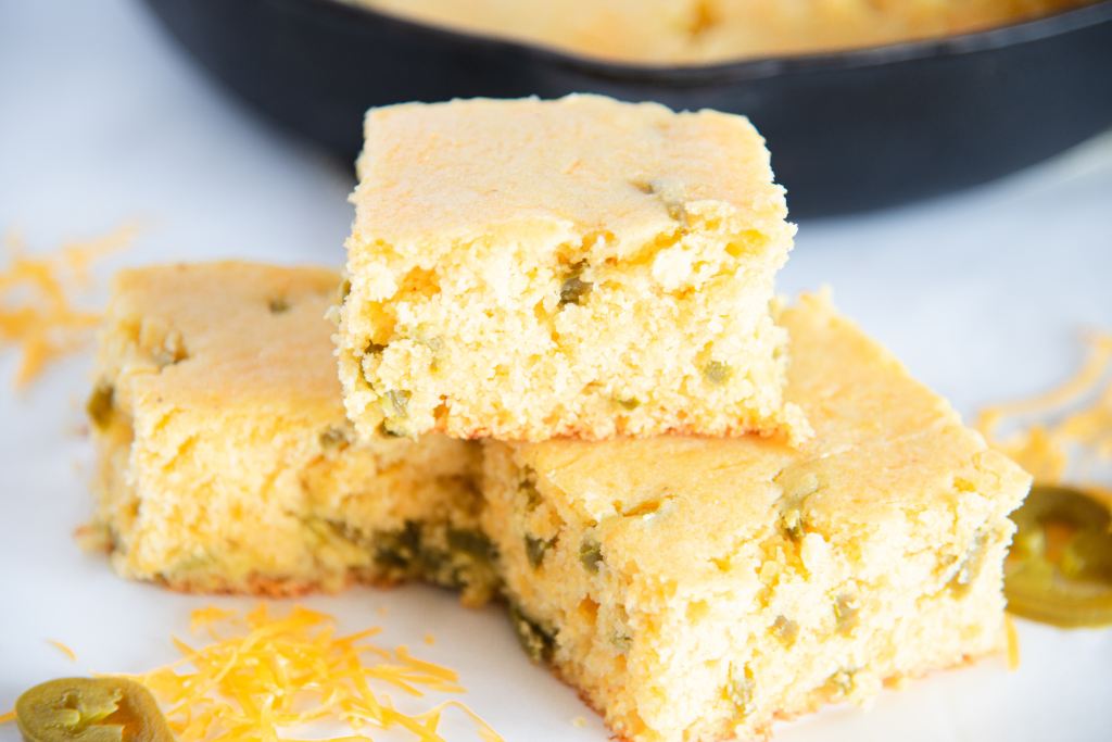 a stack of jalapeno cheddar cornbread 