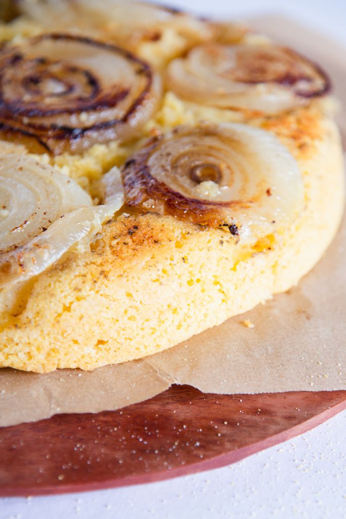 upside down cornbread with caramelized onions on top