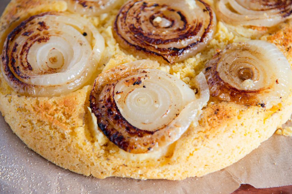 a close of up upside down onion cornbread