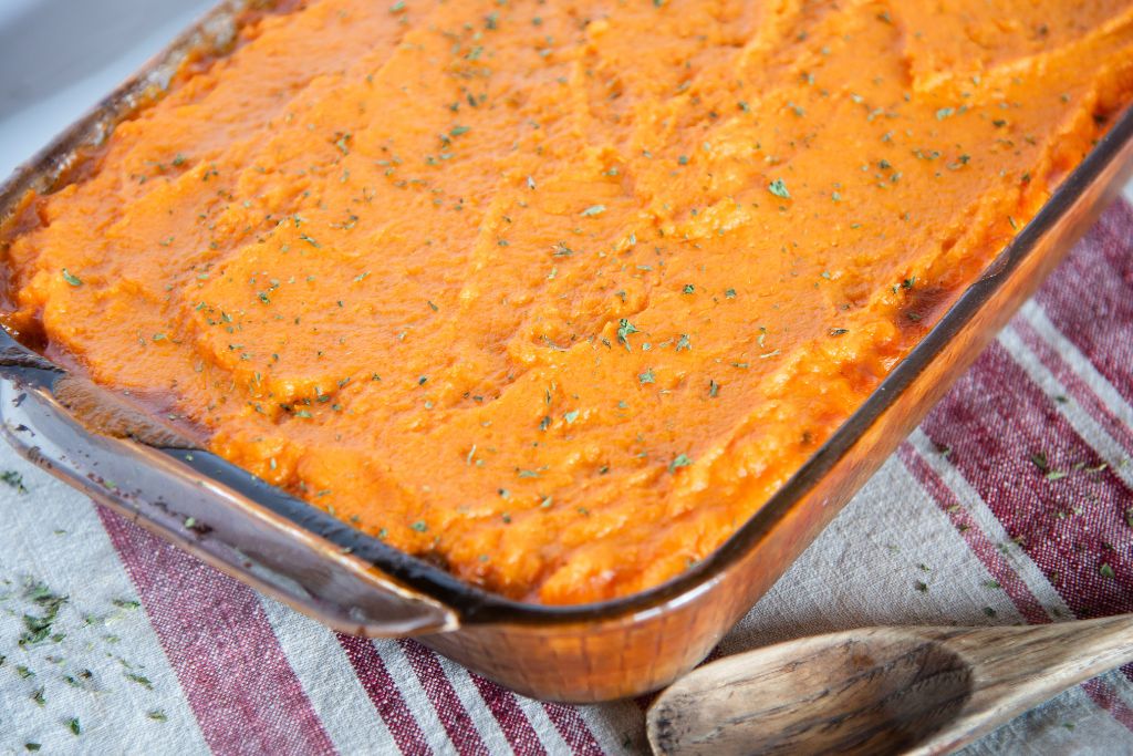 a pan of shepherd's pie with sweet potato topping