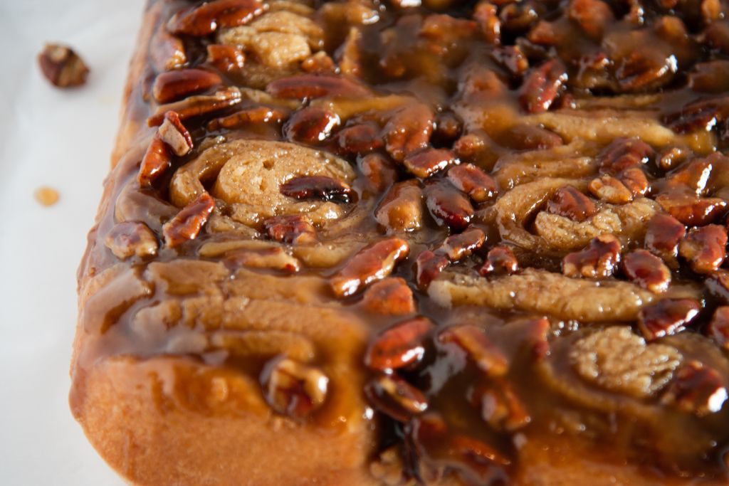 a close up of pecan sticky buns 