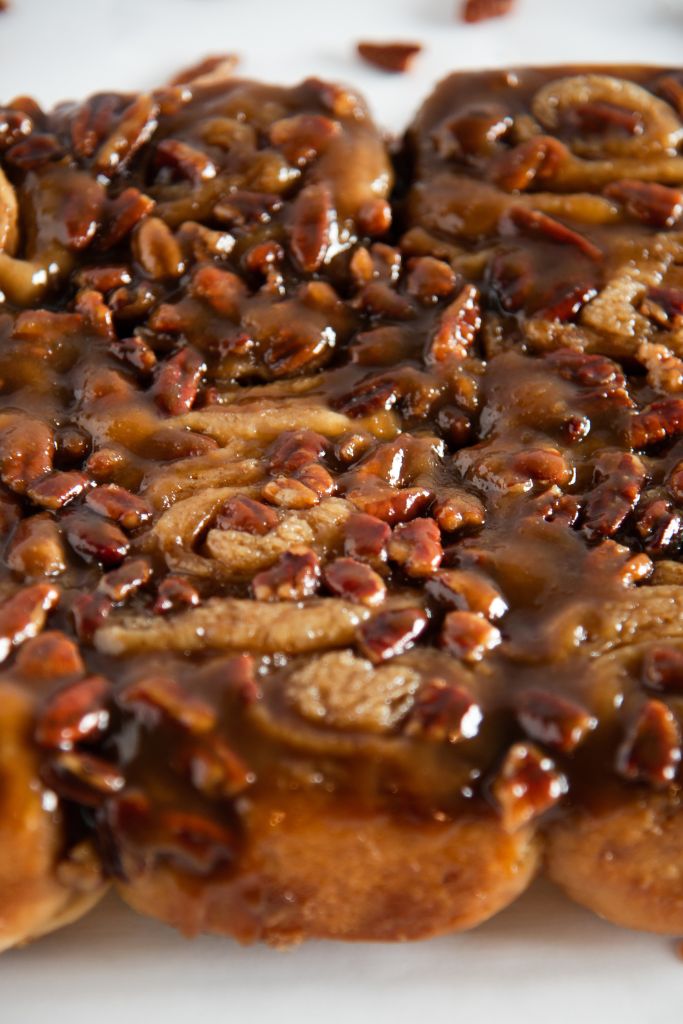 a close up of pecan sticky buns