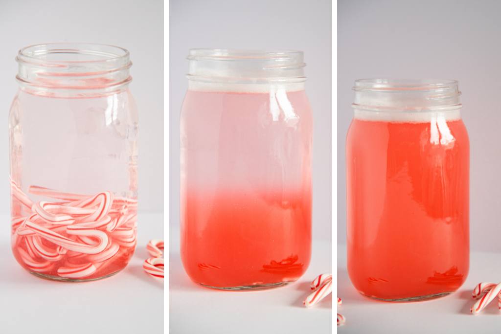 three pictures showing the three stages of making candy cane-infused vodka 