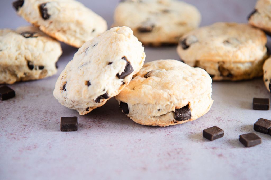 chocolate chunk biscuits stacked on top of each other 