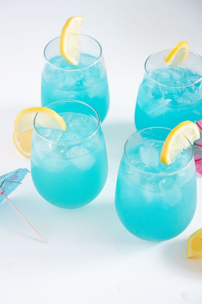 an overhead shot of flour glasses of mermaid lemonade 