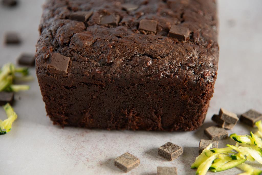 a close up of a loaf of chocolate zucchini bread