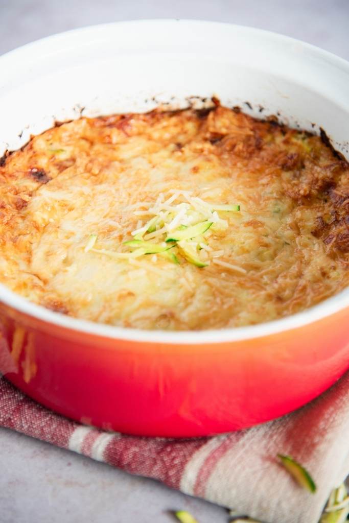 a close up of a dish of zucchini casserole