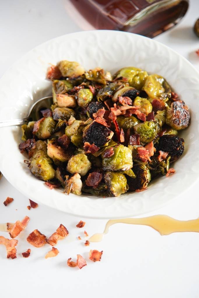 a dish of maple bacon brussels sprouts 
