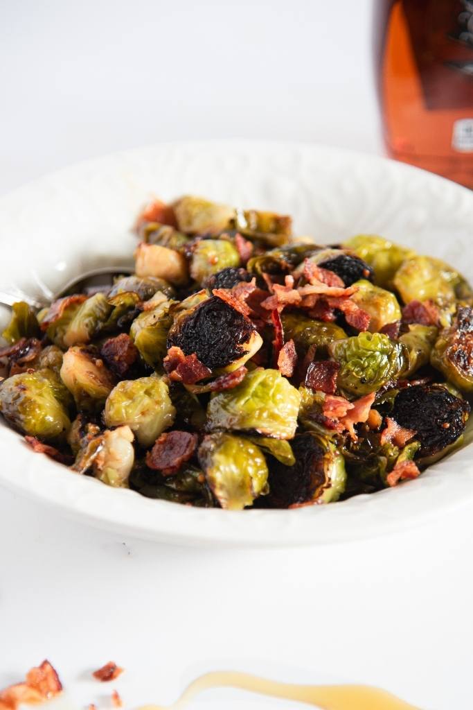 a dish of maple bacon brussels sprouts 