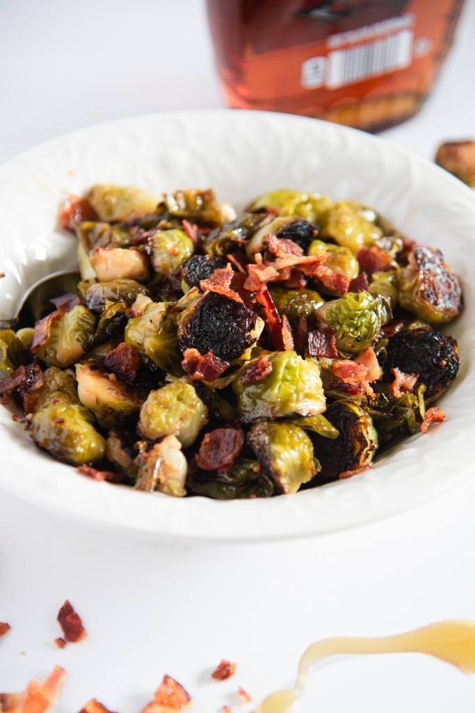 a dish of maple bacon brussels sprouts 