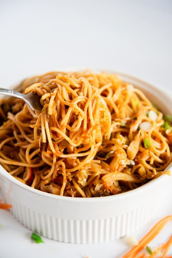 a fork full of noodles resting on a dish of noodles 