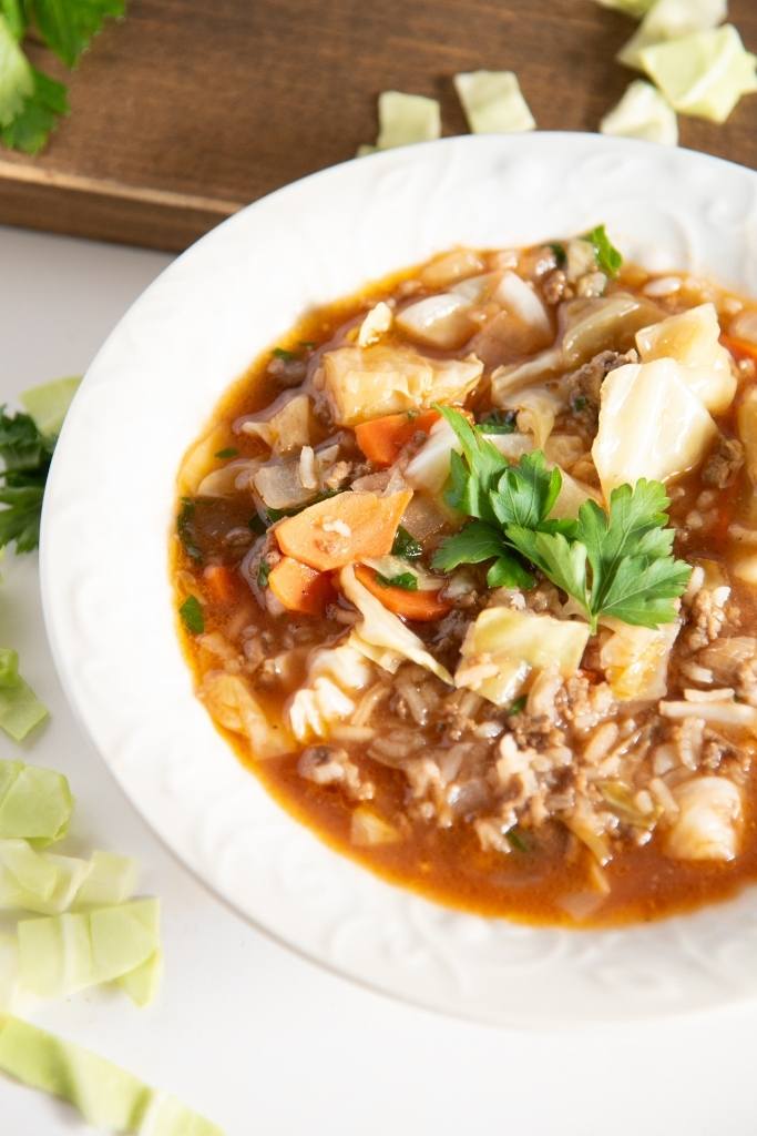 a close up of a bowl of cabbage roll soup