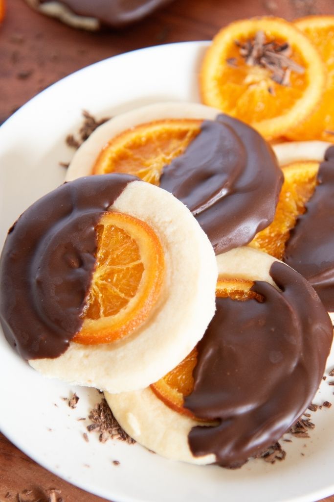 a close up of a chocolate dipped shortbread cookie 