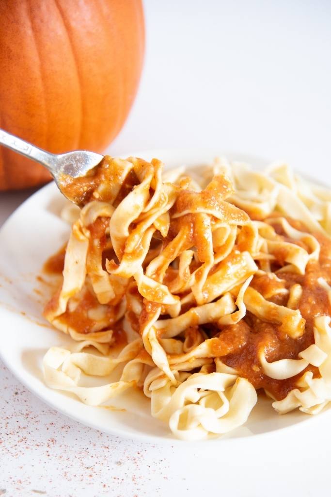 a close up of a forkful of sauce covered noodles