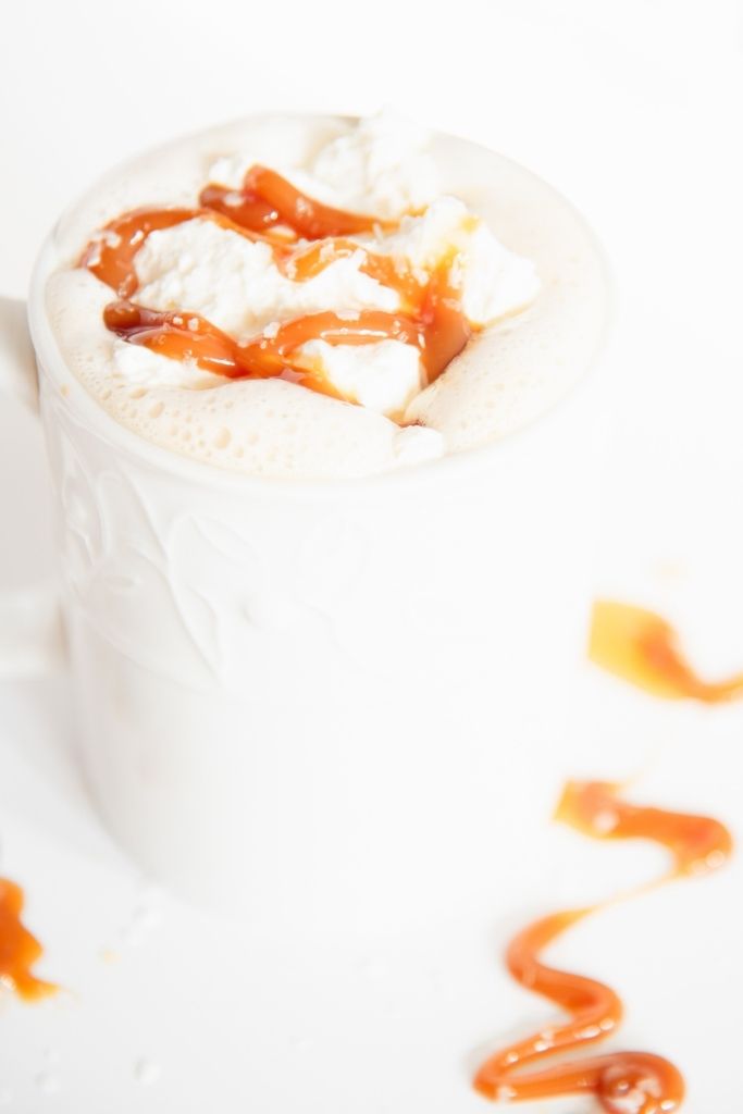 a close up of a salted caramel latte 