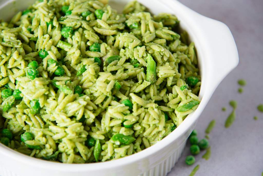 An off-center picture of a bowl of pasta salad