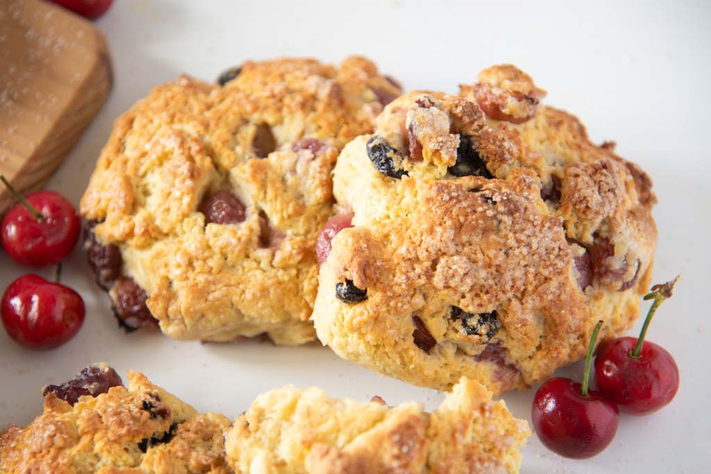 a close up of two scones,  