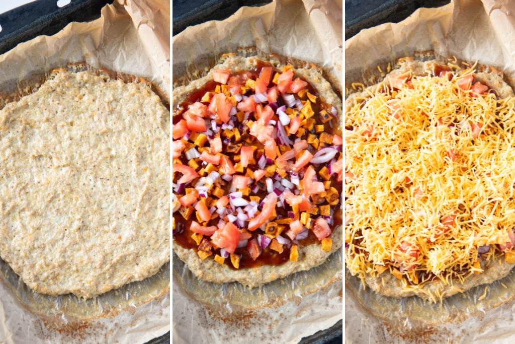 a picture showing the steps of topping a pizze