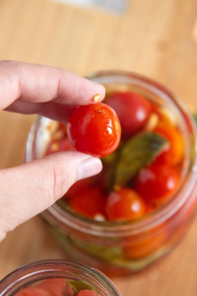 a cherry tomato being held over a jar of tomatoes 